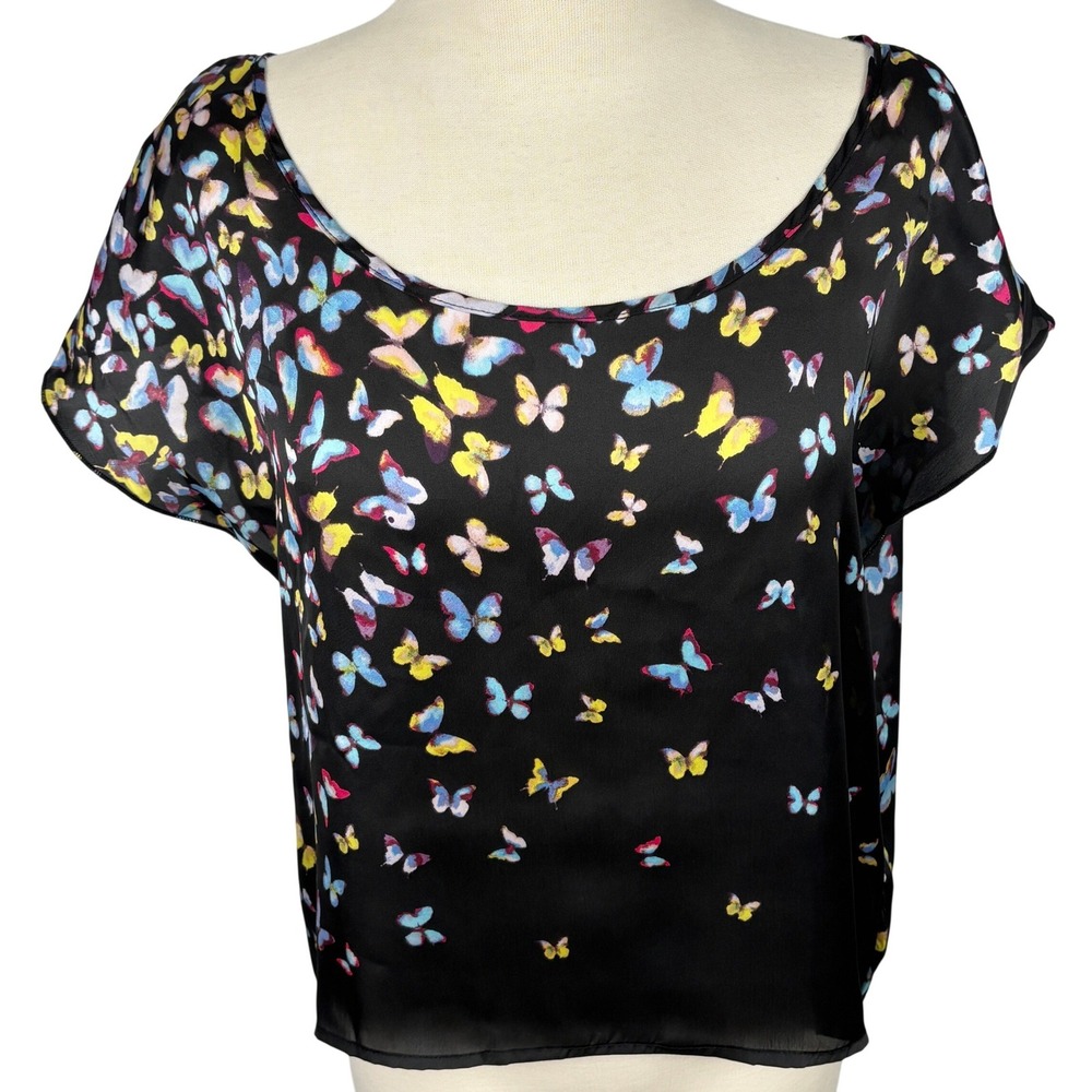 Charlotte‎ Russe Butterfly Print Blouse L Black Scoop Neck Top Back Zip Y2K